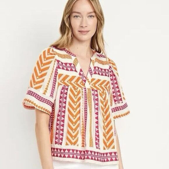 Old Navy Western Short Sleeve Textured V-Neck Tunic Size L Navajo Pink Orange - Picture 2 of 7